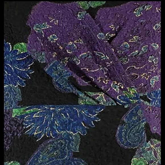 West End Black Blouse Multicolor Floral Scalloped Edges Metallic Size Medium - Picture 7 of 9